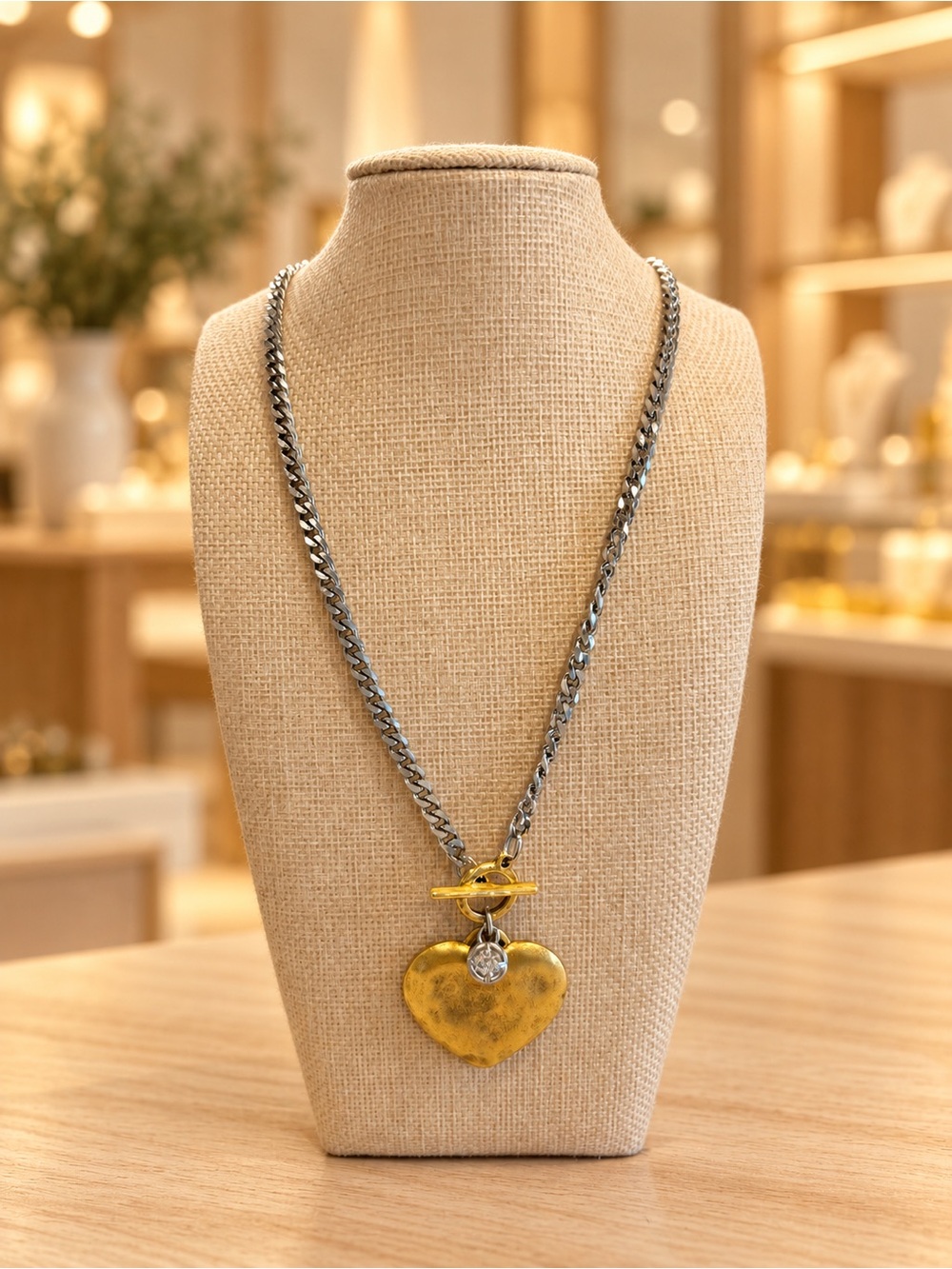 VB&CO gold hammered heart on silver herringbone toggle chain